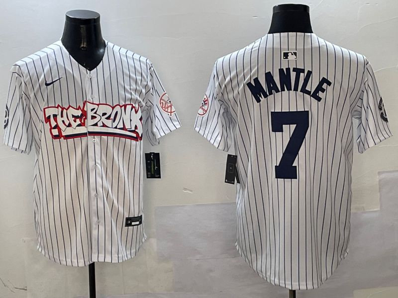 Men New York Yankees #7 Mantle White Stripe four generations Joint Name 2025 Nike MLB Jersey style 1